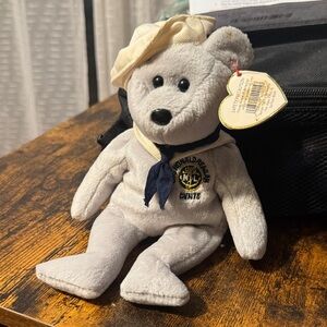Ty Gray Sailor Bear Plush with Navy Scarf and Cream Hat